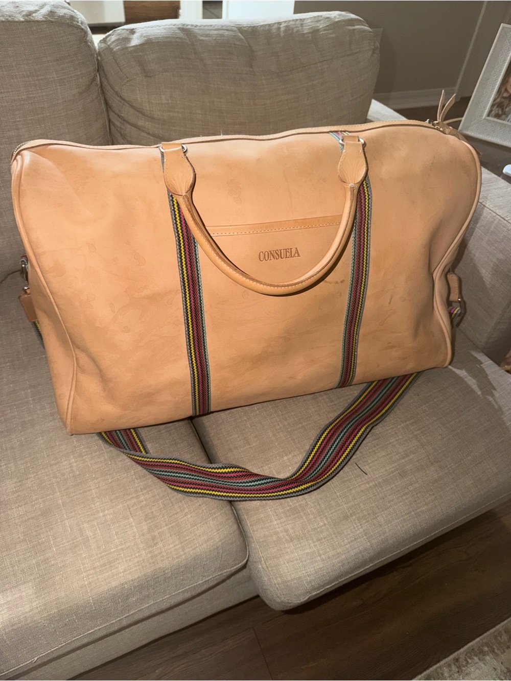 Consuela Natural Leather Travel Duffel with Multicolor Stripe Strap